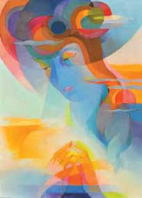 Stanton MacDonald-Wright painting and example of Synchromism “En Souvenir d’une Damoiselle D’Antan” oil on wood, 36” x 26”, 1971.