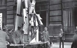 Balcomb Greene on left and Byron Browne carrying an abstract sculpture while leading the protest march down lower 5th Avenue in Manhattan in 1935 (at that time MOMA was on 8th Street and 5th Avenue.)