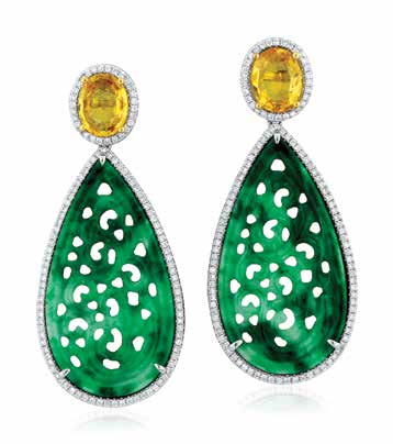 JADE EARRINGS WITH YELLOW SAPPHIRES AND DIAMONDS IN 18K TWO TONE GOLD COURTESY YAEL DESIGNS