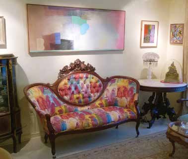 An example of our own parents’ collection: Hunt Slonem upholstered Victorian sofa; Robert Natkin, Jimmy Ernst & Byron Browne paintings; a Pairpoint cut glass lamp and French brass lamp.