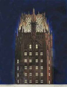 Lithograph print labeled “AP 1 /2” by Richard Haas, “General Electric Building” 22” x 17”, 2005