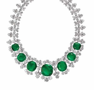 Emerald, diamond and platinum Bulgari necklace. Courtesy BVLGARI