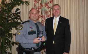 CPL. STEPHEN CRAFTON, LEFT, IS SHOWN WITH SHERIFF KEVIN RAMBOSK AT THE DECEMBER 8 NAMI AWARDS CEREMONY WHERE HE WAS NAMED CRISIS INTERVENTION TEAM OFFICER OF THE YEAR FOR 2015. PHOTO BY CPL. EFRAIN HERNANDEZ/CCSO